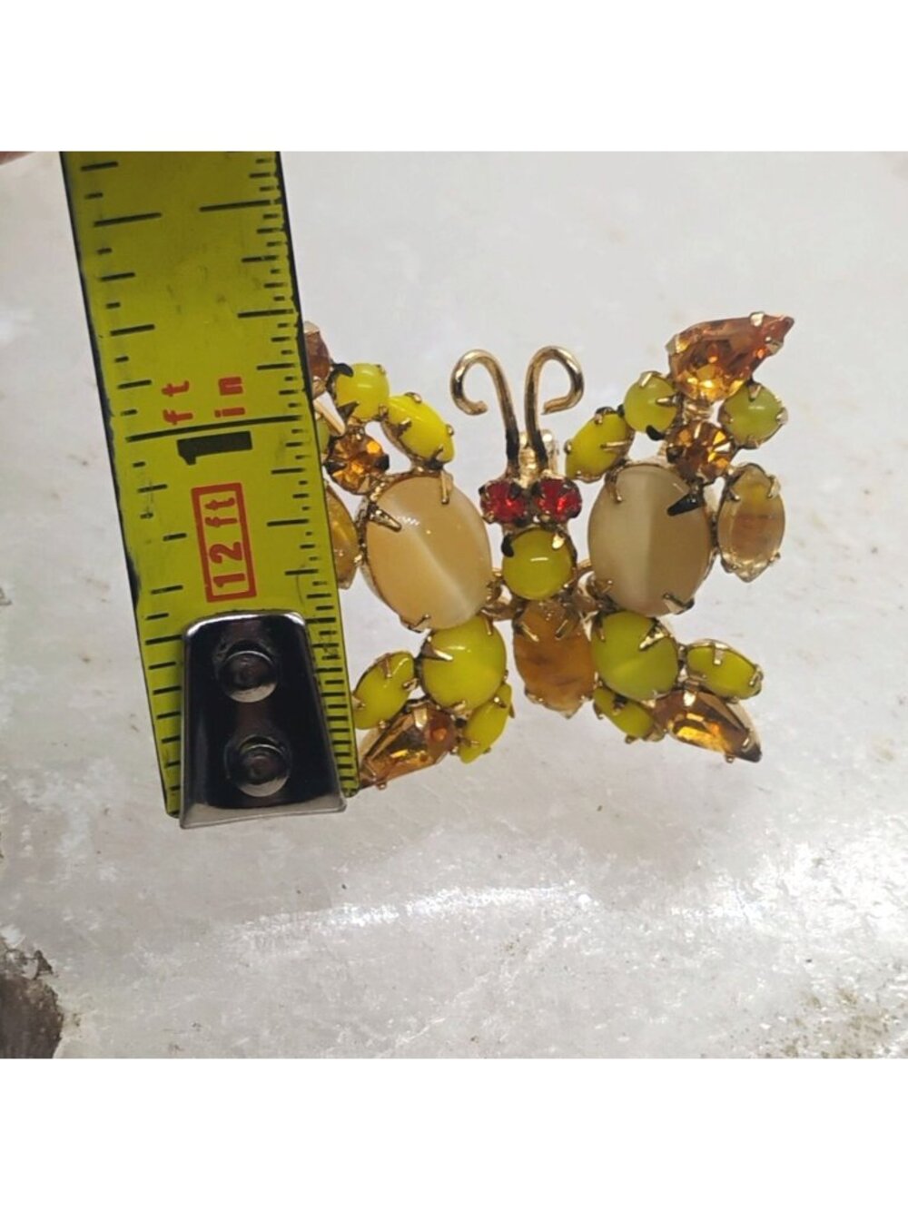Vtg Unsigned Schreiner Butterfly Trembler Brooch Yellow Orange Rhinestone - Picture 6 of 6